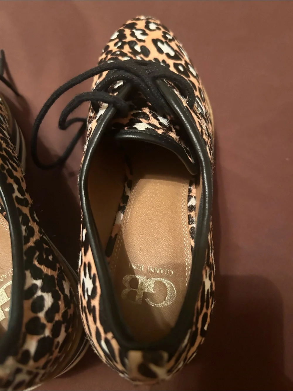 Giani Bini calf-hair leopard print, black/white stacked sole sz9 slaede oxford